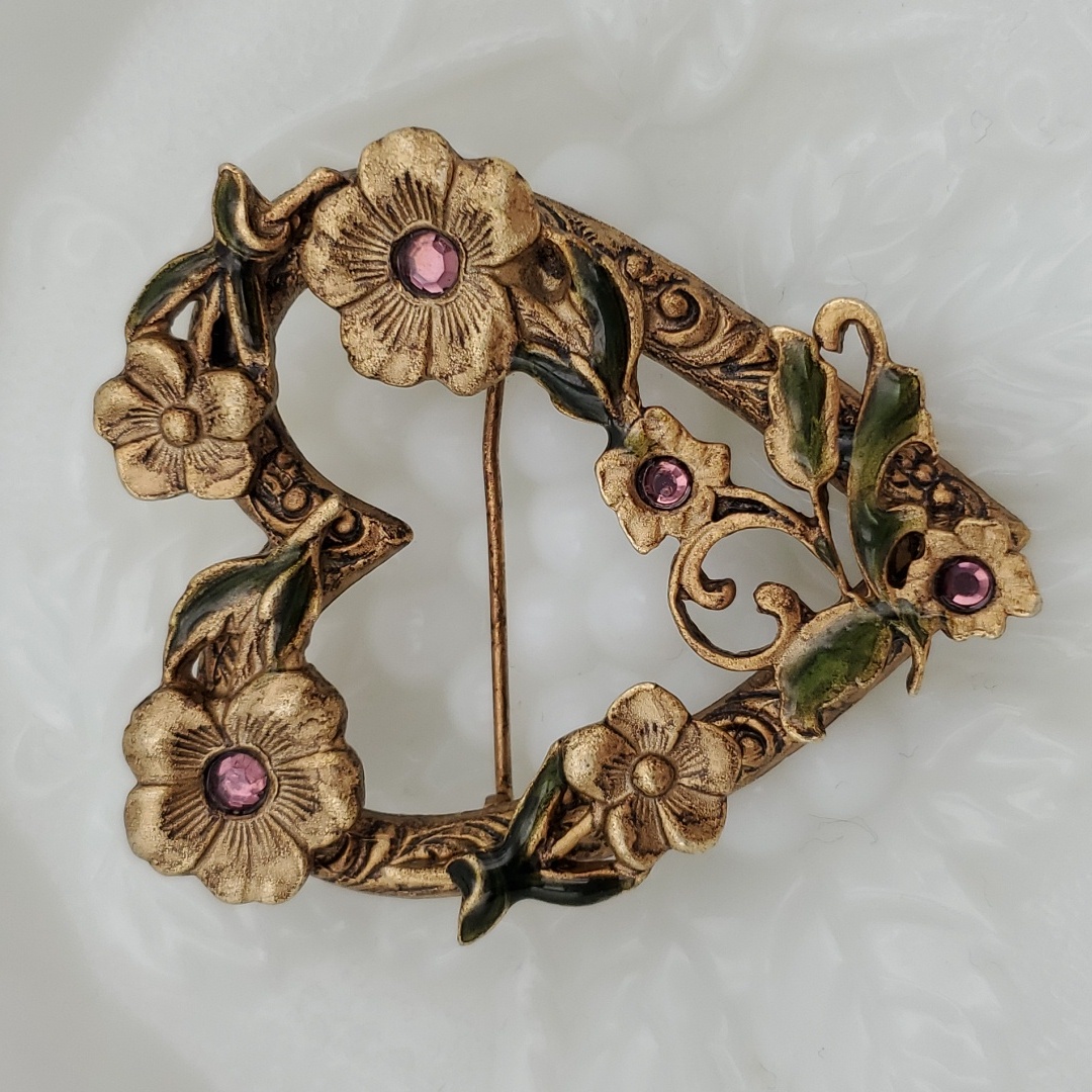 Gold Tone Heart With Flowers Brooch